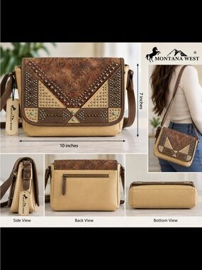Montana West Western Crossbody Purse Brown Tan Turquoise Tooled Studded NWT